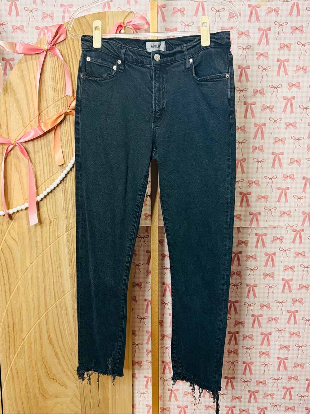 AGOLDE Toni Mid Rise Straight Cropped Raw Cut Fray Hem Black Denim Jeans 29